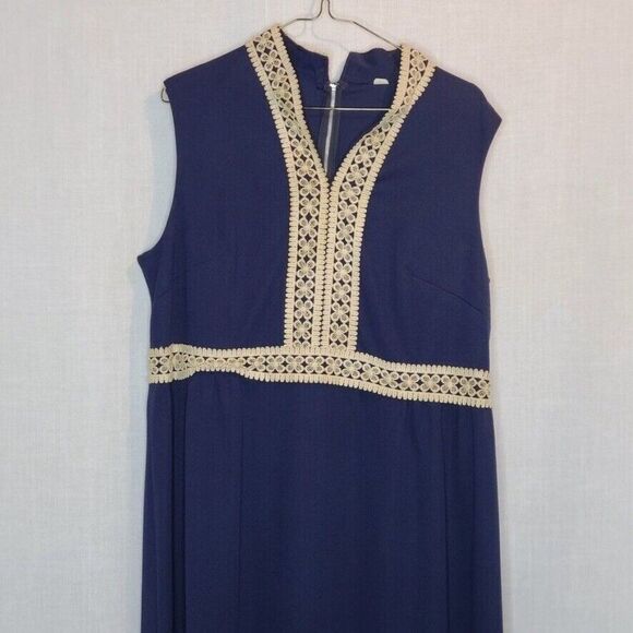 Vintage 60s Elara Knits Hostess Dress Sleeveless Maxi Size XL Blue Lace - Picture 8 of 12